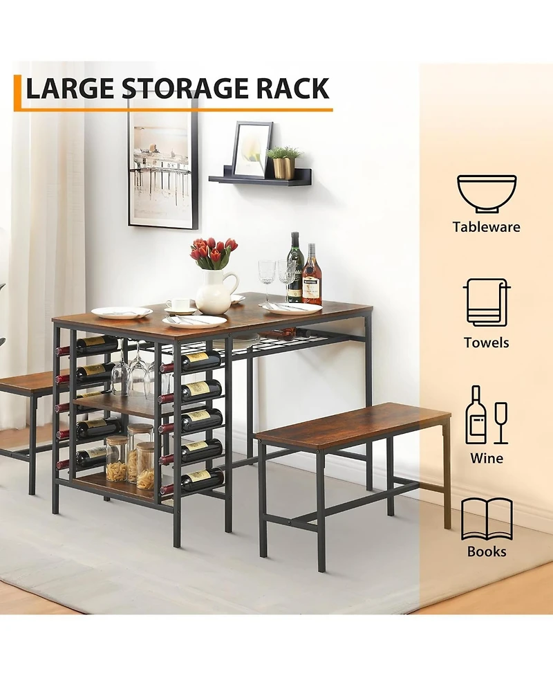 gaomon 3-Piece Dining Set for 4, Table with 2 Benches, Wine Rack & Storage