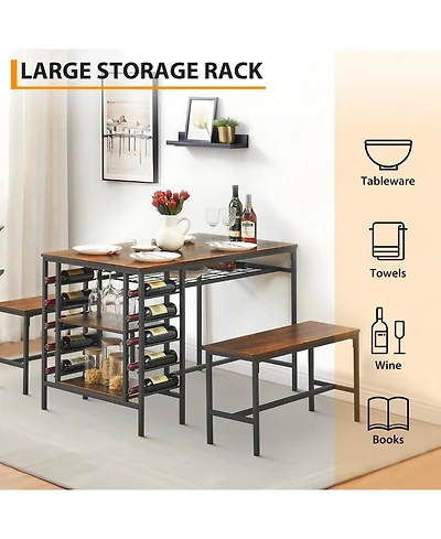 gaomon 3-Piece Dining Set for 4, Table with 2 Benches, Wine Rack & Storage