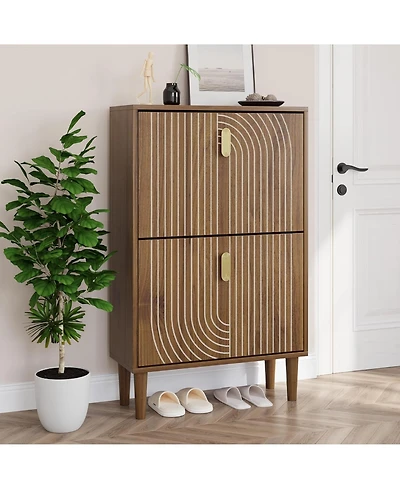 Rainsken Shoe Storage Cabinet, Walnut Hidden Shoe Rack with 2 Flip Drawers, Line Groove Design and Gold Handles for Entryway, Hallway and Living Room