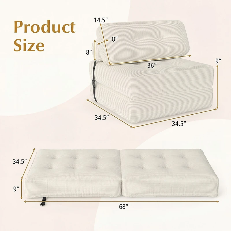 Costway Folding Sofa Bed, Convertible Sleeper Chair with Pillow Back Support Corduroy Cover