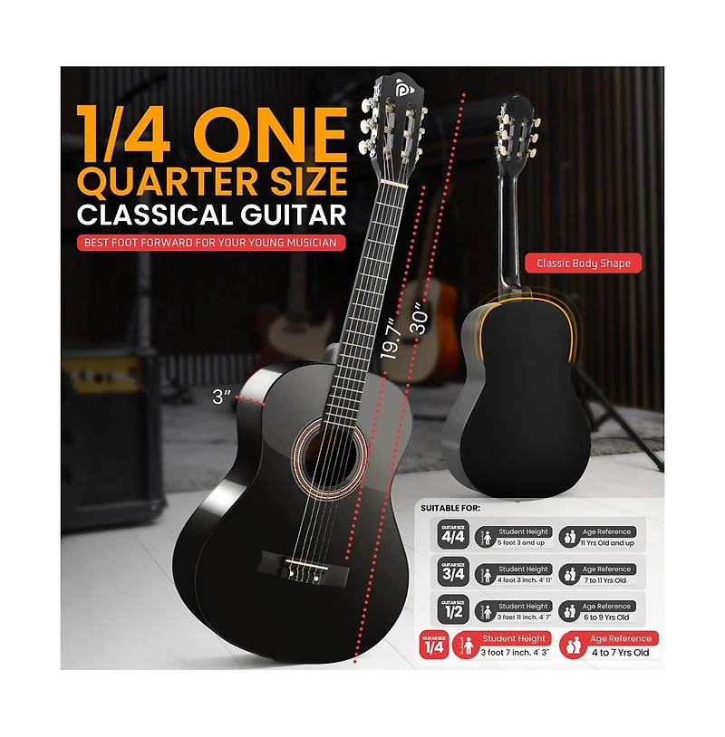 Pyle 6-String Classic Nylon String Guitar, 30 Acoustic Junior Scale with Digital Tuner and Accessory Kit