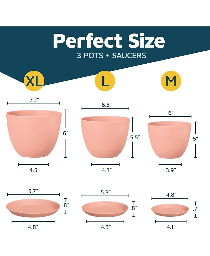 Lifemaster Set of 3 Stackable Plant Pots with Drainage Holes and Saucers, Durable Weatherproof Design for Indoor/Outdoor Use, Sizes 7", 6.7" and 6"