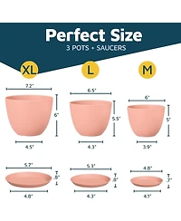 Lifemaster Set of 3 Stackable Plant Pots with Drainage Holes and Saucers, Durable Weatherproof Design for Indoor/Outdoor Use, Sizes 7", 6.7" and 6"