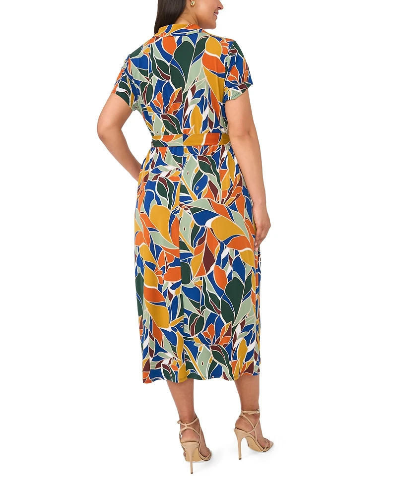 Msk Plus Belted Collared Short-Sleeve Midi Dress