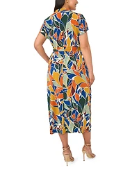 Msk Plus Belted Collared Short-Sleeve Midi Dress