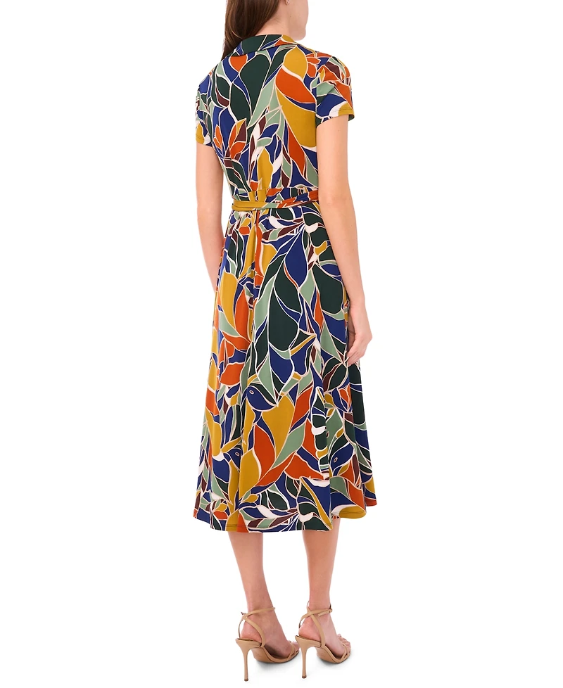 Msk Petite Short-Sleeve Collared Belted Midi Dress
