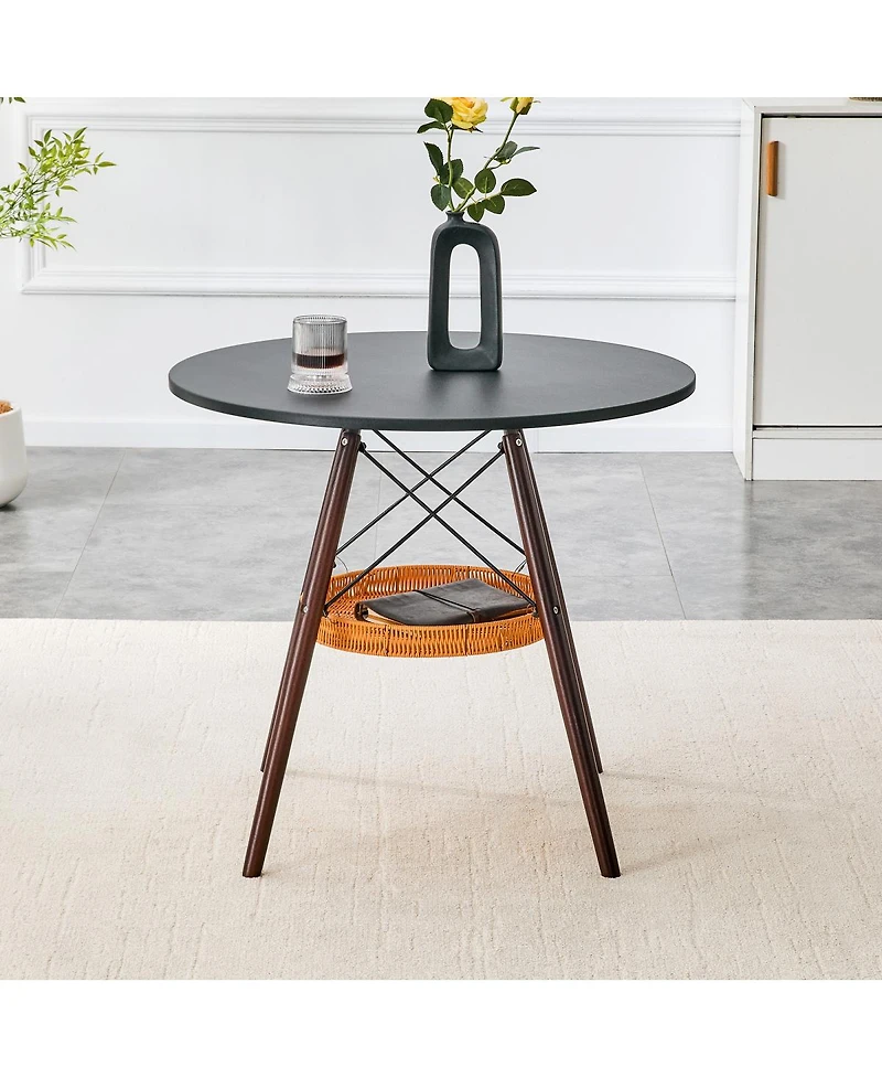 Streamdale Furniture Circular Dining Table with Walnut Legs and Woven Storage Basket