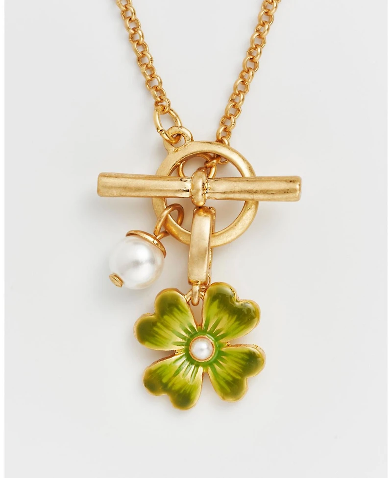Fable England Lucky Clover and Pearl Toggle Necklace