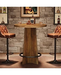 Tribesigns Tall Wooden Bar Table with Base and Metal Ring Footrest Round