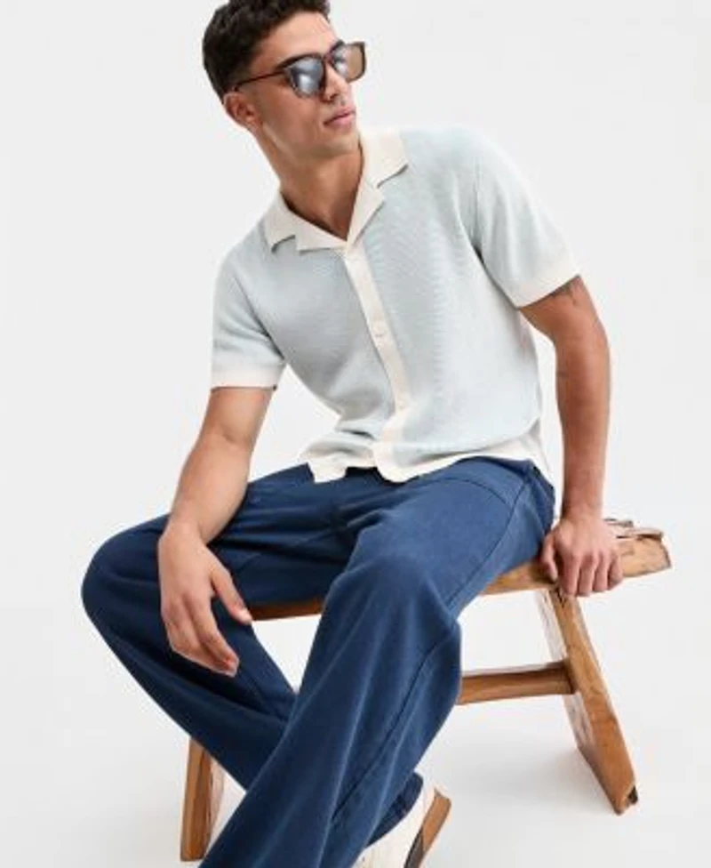 Sun Stone Mens Indigo Loose Fit Jeans Plaited Short Sleeve Camp Shirt Macys Exclusive