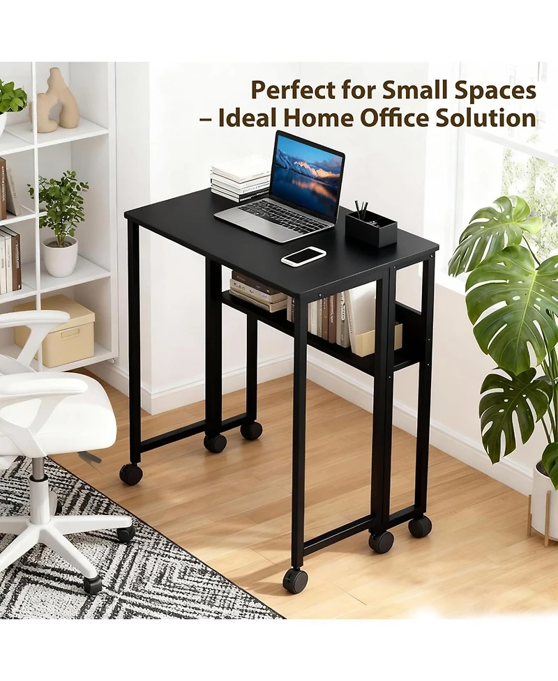 gaomon 31.5" Folding Rolling Desk with Storage Shelf, Space-Saving Portable Computer Table for Home Office