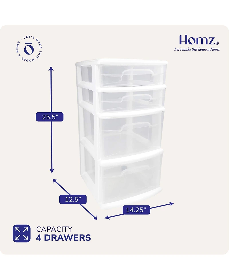 Homz Tall Solid Plastic 4 Drawer Medium Storage Cart with Caster Wheels, Black