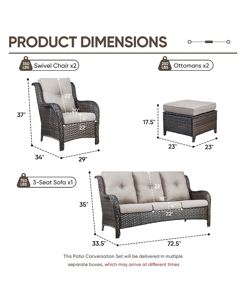 Pocassy 5-Pieces Patio Furniture Set, Outdoor Wicker Sofa Couch with Chairs Ottomans Red Cushions, All Weather High Back Modern Conversation Set