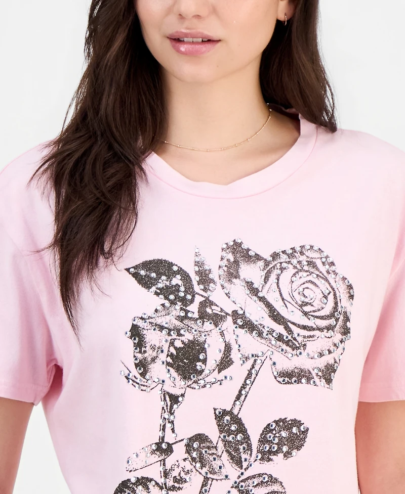 Rebellious One Juniors' Rose Mineral-Wash Rhinestone Short-Sleeve T-Shirt