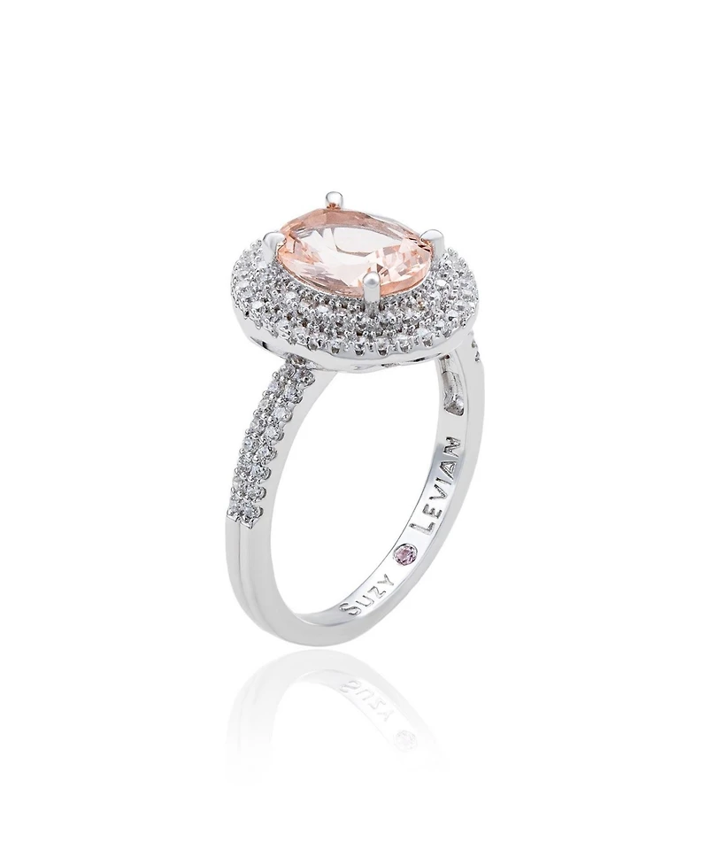 Suzy Levian Sterling Silver Oval Cubic Zirconia Pave Double Halo Ring
