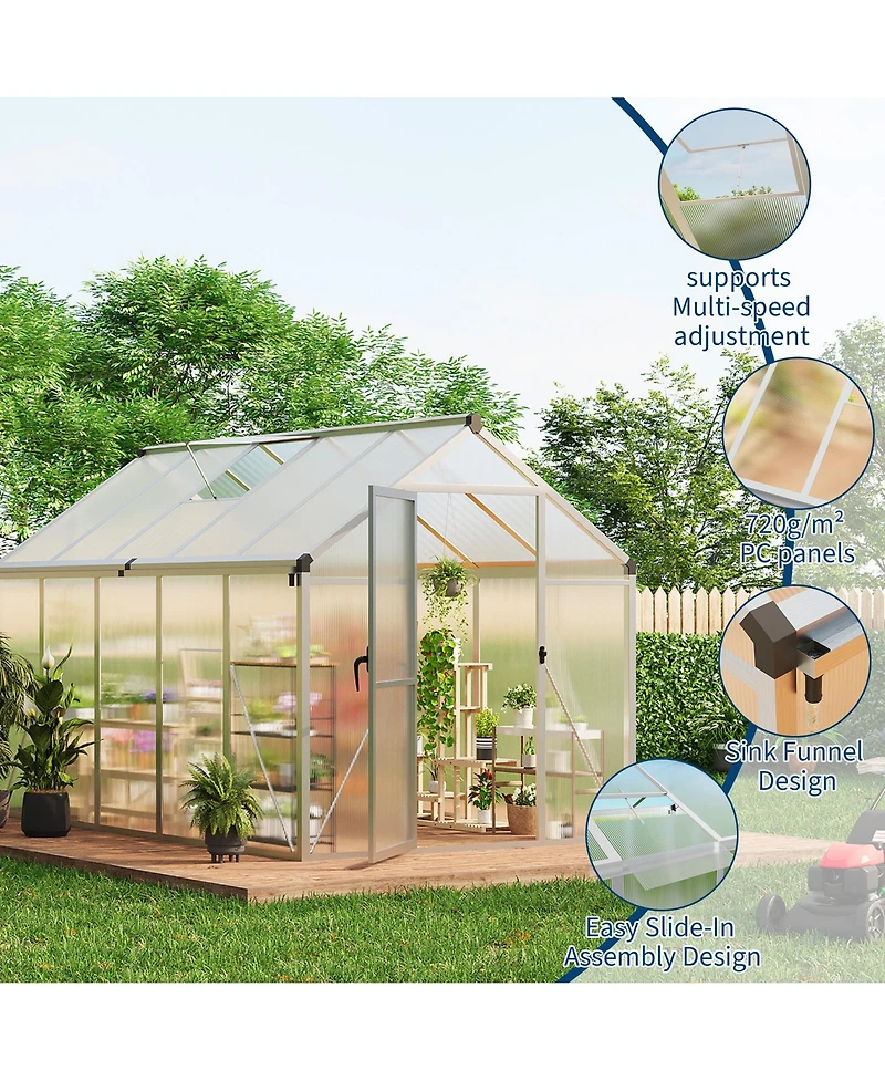 gaomon Outdoor Polycarbonate Greenhouse, Walk-In Hobby Greenhouse with Sliding Doors, Adjustable Roof Vent and Aluminum Frame