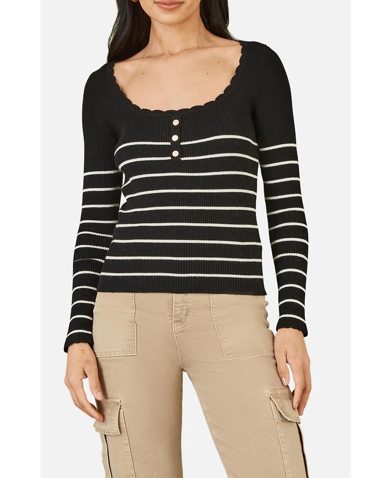 Yumi Women's Button Detail Long Sleeve Rib Knit Top