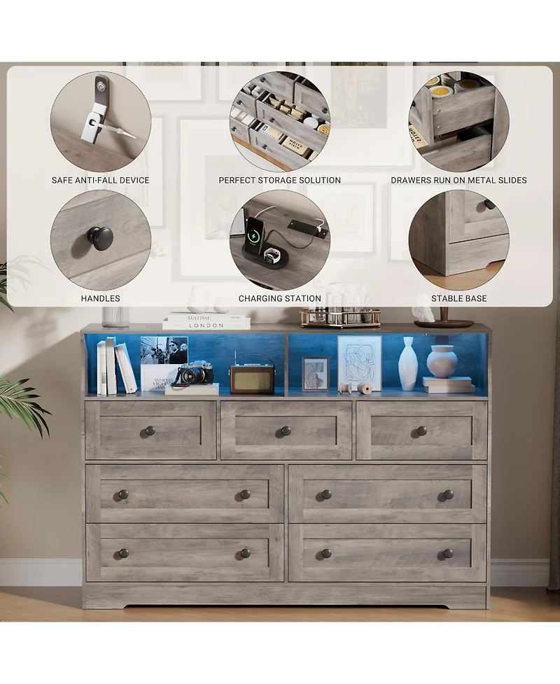 gaomon 7 Drawer Wood Dresser with Usb Charging & Led Lights, 2 Open Cubbies