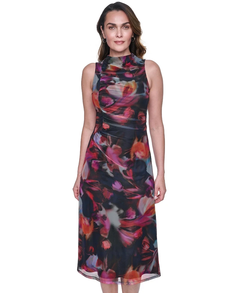 Vince Camuto Women's Printed Mesh Shirred Midi Dress