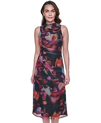 Vince Camuto Women's Printed Mesh Shirred Midi Dress