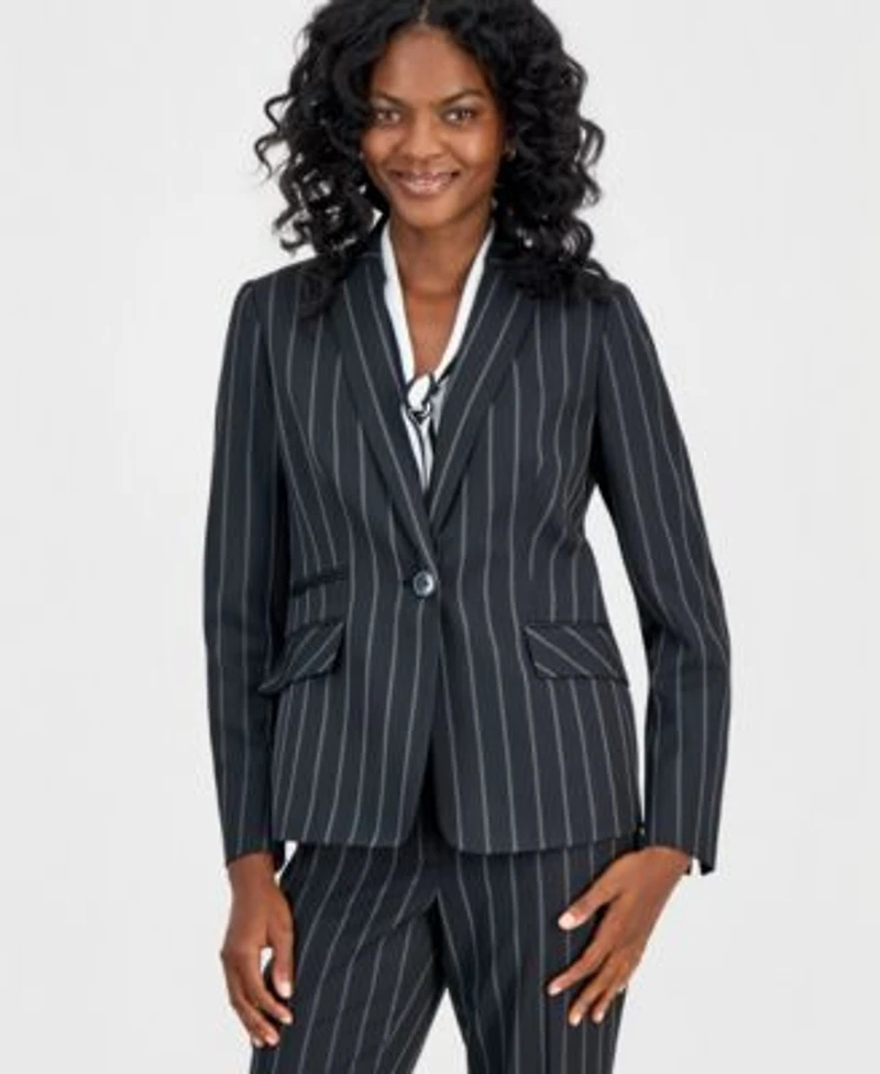 Kasper Womens Notch Lapel Pinstripe Jacket Tie Neck Sleeveless Blouse Ava Straight Leg Pinstripe Pants