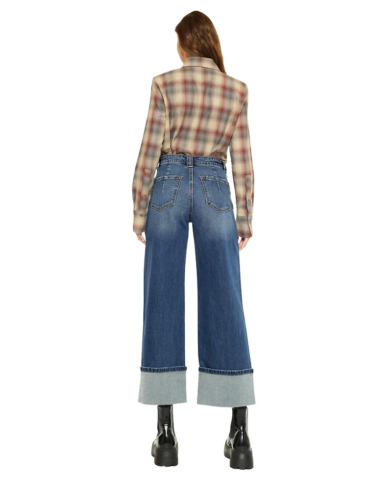 KanCan Women's High Rise Cuffed Wide Leg Jeans