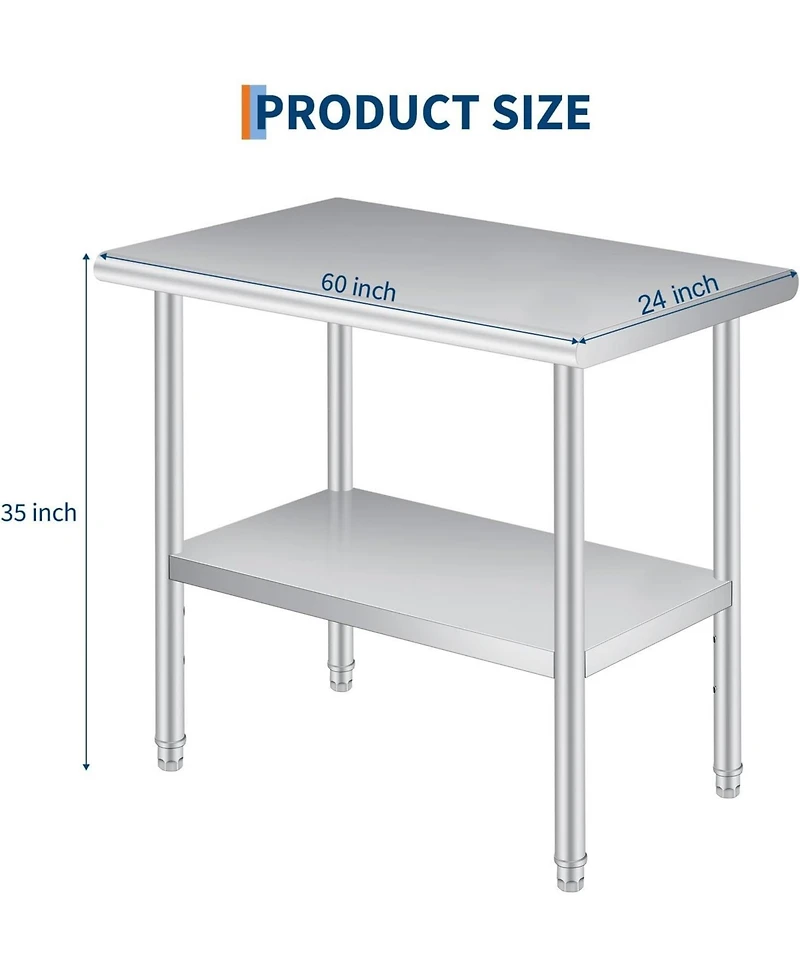 gaomon Stainless Steel Prep Table, 24 x 60 Inches, with Rounded-Corner, Adjustable Undershelf