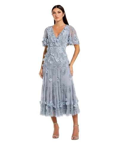 Mac Duggal Women's Floral Applique Embellished Flutter Sleeve Midi Dress