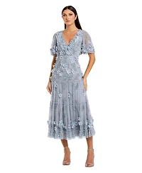 Mac Duggal Women's Floral Applique Embellished Flutter Sleeve Midi Dress