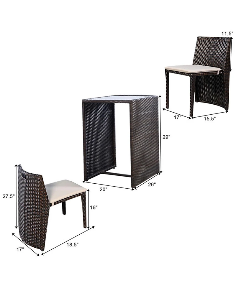 Clihome 3 Pieces Cushioned Wicker Patio Bistro Set, No Assembly Needed
