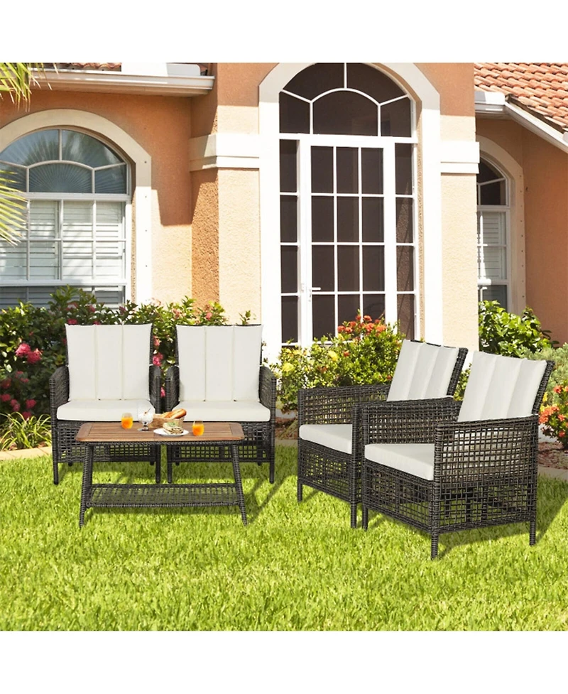 Clihome 5 Pieces Patio Rattan Furniture Set Cushioned Sofa Wooden Tabletop