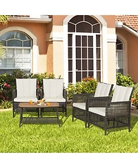 Clihome 5 Pieces Patio Rattan Furniture Set Cushioned Sofa Wooden Tabletop