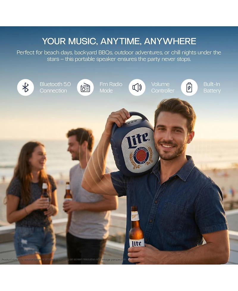 Miller Lite Mini Party Speaker with Color Changing Led Lights, Fm Radio, Built-in Handle