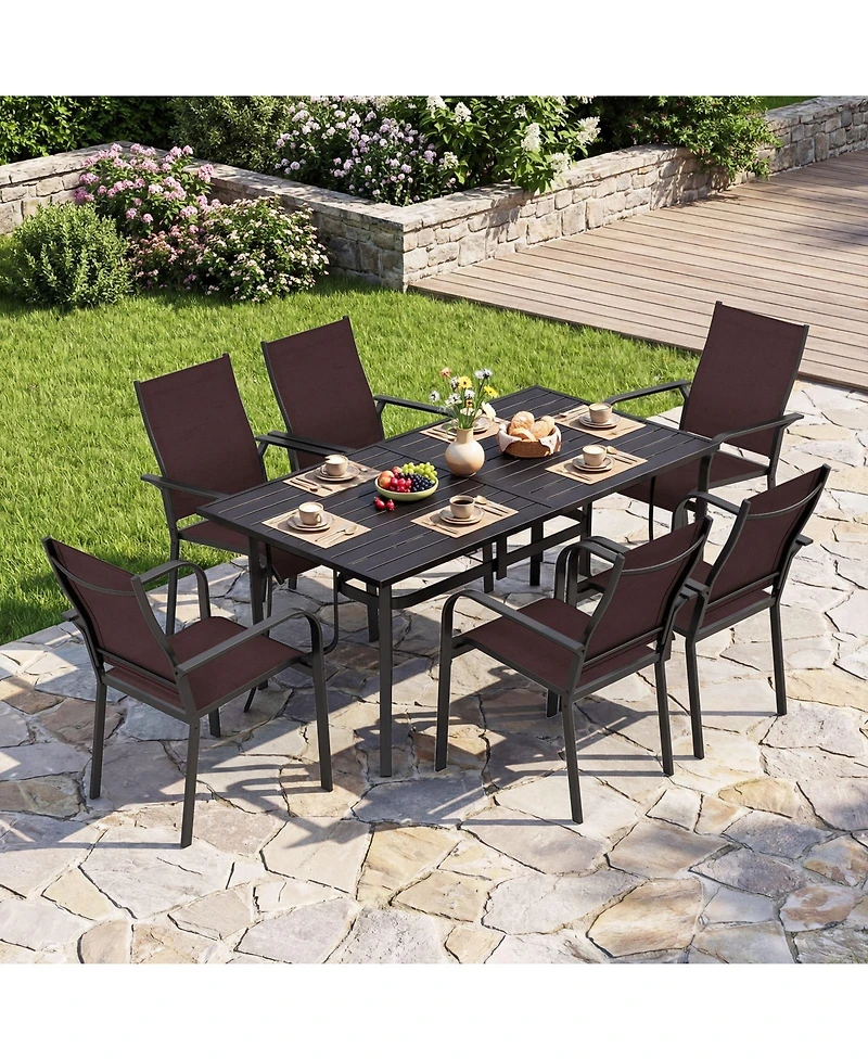 Gymax 7PCS Patio Dining Set for 6 Metal Table w/Umbrella Hole and 6 Stackable Armchairs