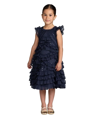 Mac Duggal Big Girls High Neck Cap Sleeve Micro Ruffle Dress