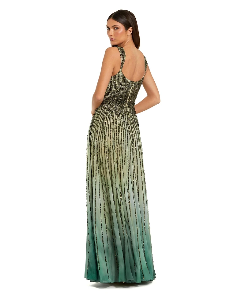 Mac Duggal Petite Ombre Beaded Scoop Neck A-Line Gown