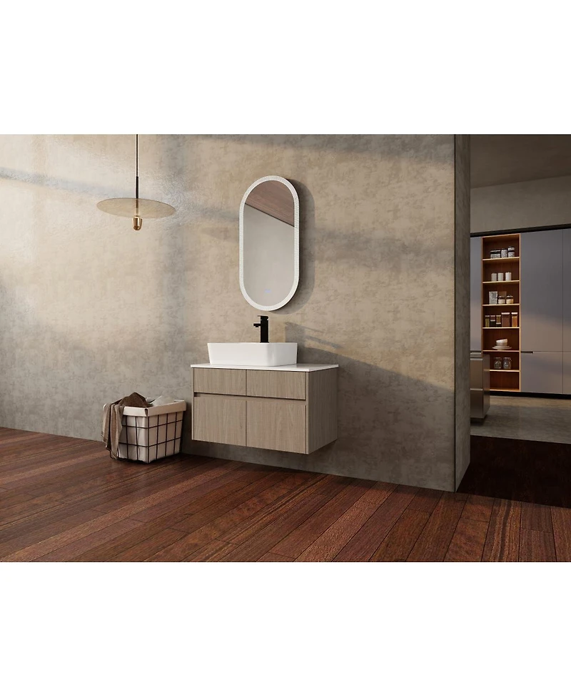 Sillysis Inch Wall Mounted Bathroom Vanity with Ceramic Sink, Storage Drawers and Wood Grain Finish for Modern Bathrooms