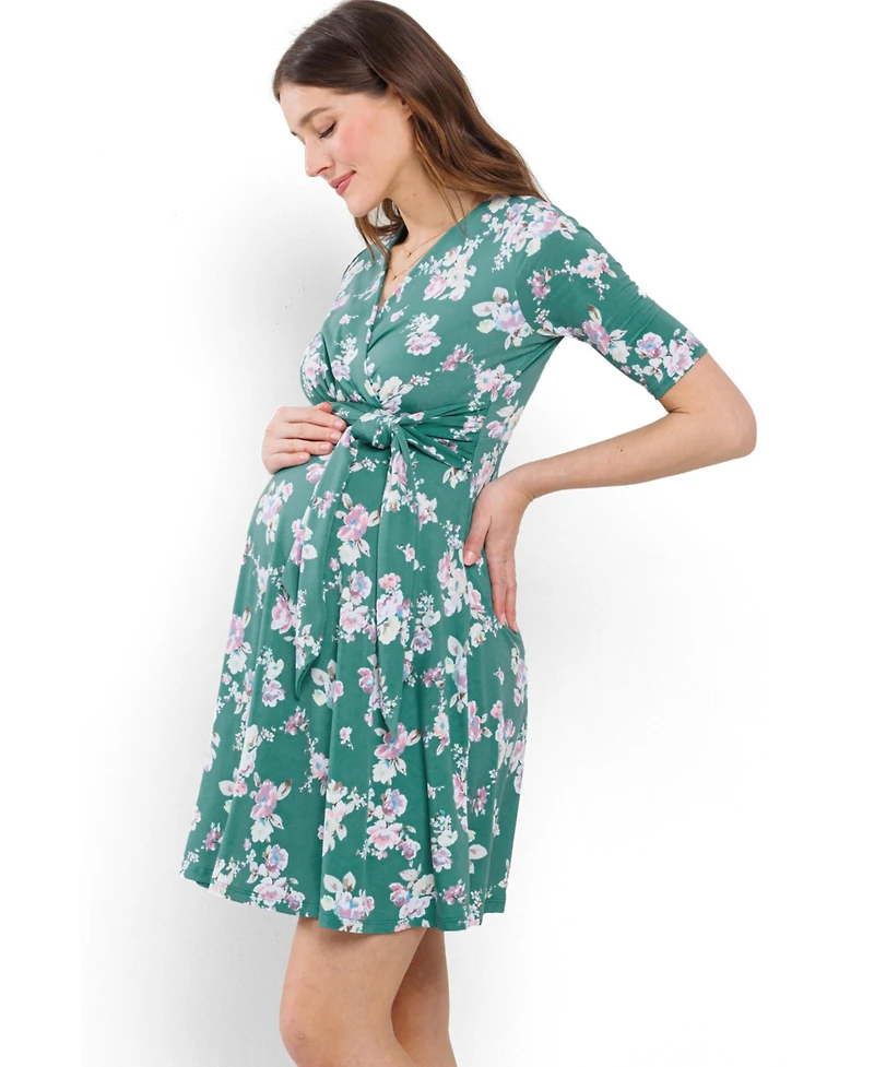Hello Miz Maternity Floral V Neck Wrap Nursing Dress with Tie Waist