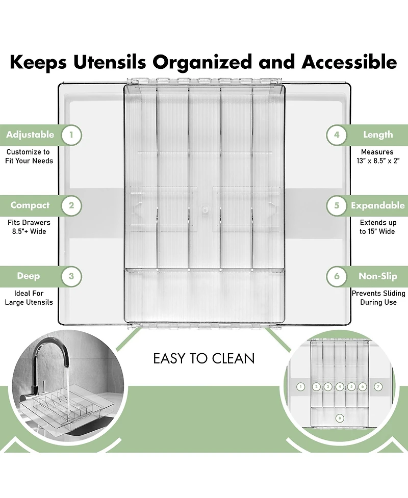 Sorbus Expandable Silverware Organizer – Multipurpose Flatware and Kitchen Storage Solution - with 6 compartments and 2 expandable slots