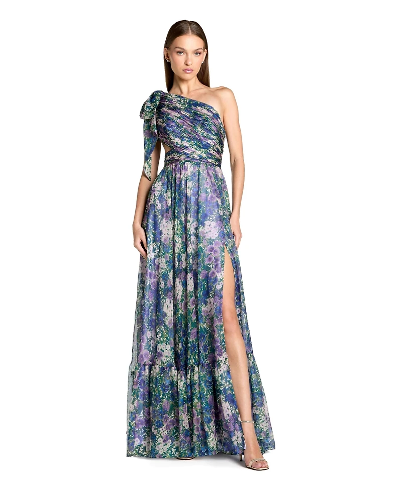 Mac Duggal Petite One-Shoulder Floral Printed Chiffon Cutout Gown