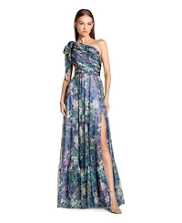 Mac Duggal Petite One-Shoulder Floral Printed Chiffon Cutout Gown