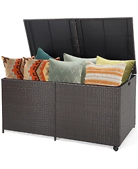 Gymax Patio 175 Gallon Rattan Wicker Storage Deck Box Container Wheels w/ Liner Garden