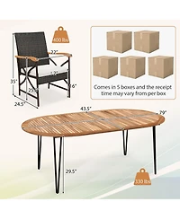 Gymax 9 Pcs Rattan Dining Set Acacia Wood Table and 8 Patio Wicker Armchairs Patio