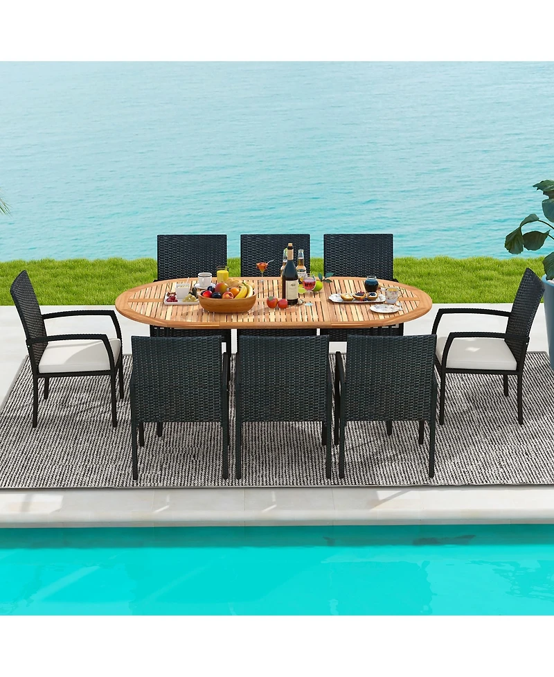 Gymax 9 Pcs Patio Rattan Dining Set Acacia Wood Table and 8 Patio Wicker Armchairs