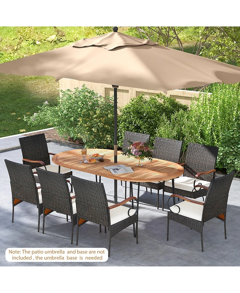Gymax 9 Pcs Acacia Wood Table and 8 Patio Wicker Armchairs Patio Rattan Dining Set