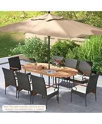 Gymax 9 Pcs Acacia Wood Table and 8 Patio Wicker Armchairs Patio Rattan Dining Set