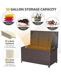 Gymax 50 Gallon Patio Pe Wicker Storage Box Rattan Deck Bin with Waterproof Liner and Wheels