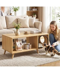 Gymax 40'' Coffee Table w/ Cat House 2-in-1 Farmhouse Cat Furniture Coffee Table