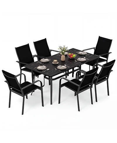 Gymax 7PCS Patio Dining Set for 6 Metal Table w/Umbrella Hole and Stackable Armchairs
