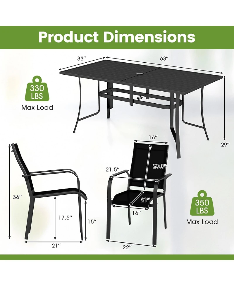 Gymax 7PCS Patio Dining Set for 6 Metal Table w/Umbrella Hole and Stackable Armchairs